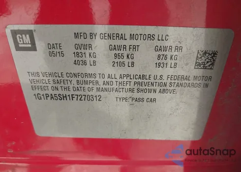 2015 Chevrolet Cruze Ls Auto из США, поврежденный, VIN 1G1PA5SH1F7270312